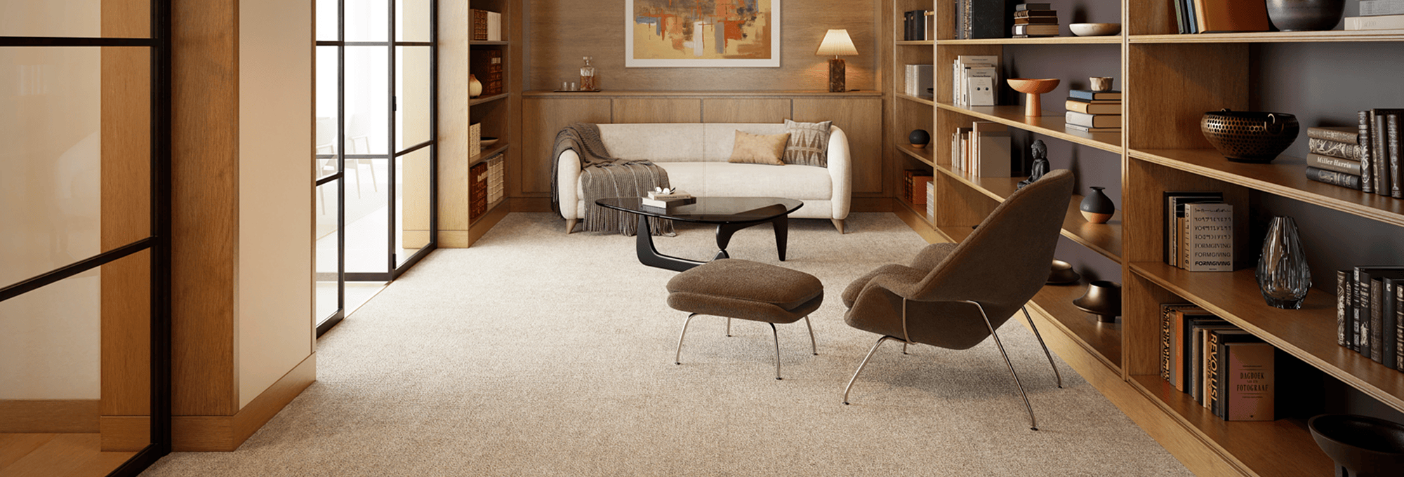 Anderson Tuftex carpet in a living room with wooden shelves.